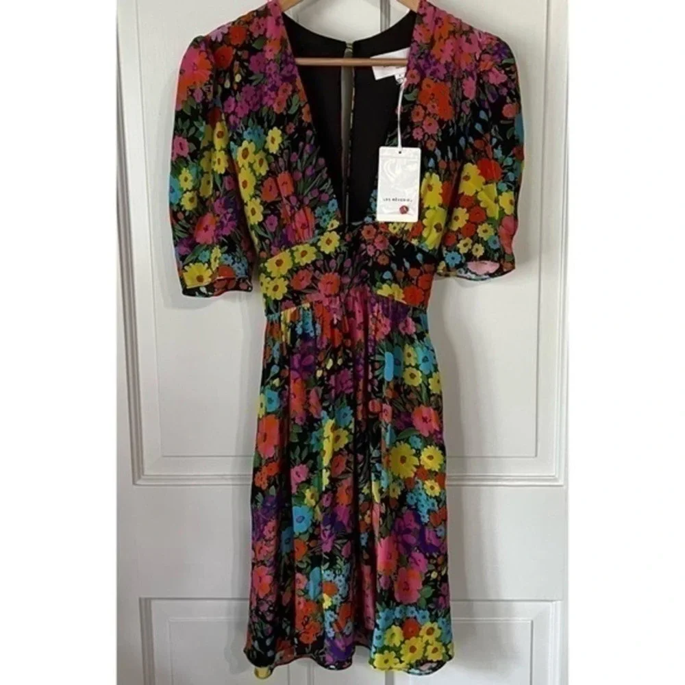 Les Reveries Kaleidoscope Black Multicolor Floral V-Neck Gigi Mini Dress 8 NWT‎